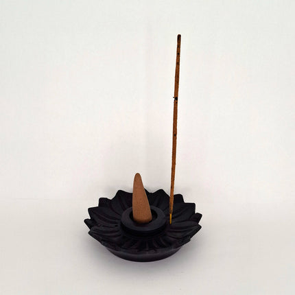 Black Soapstone Incense Cone & Stick Burner Lotus