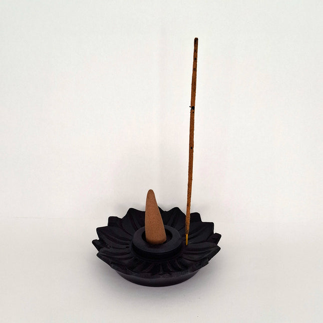 Black Soapstone Incense Cone & Stick Burner Lotus