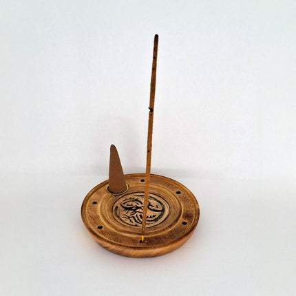 Round Wooden Incense Cone & Stick Burner with Dragon Design