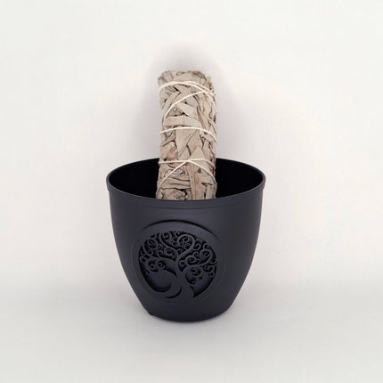 Smudge Pot Metal Tree of Life Black